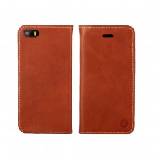 iPhone SE 5 5s - First Grade Genuine Leather Flip Wallet Protecive Phone Cover Case - Brown